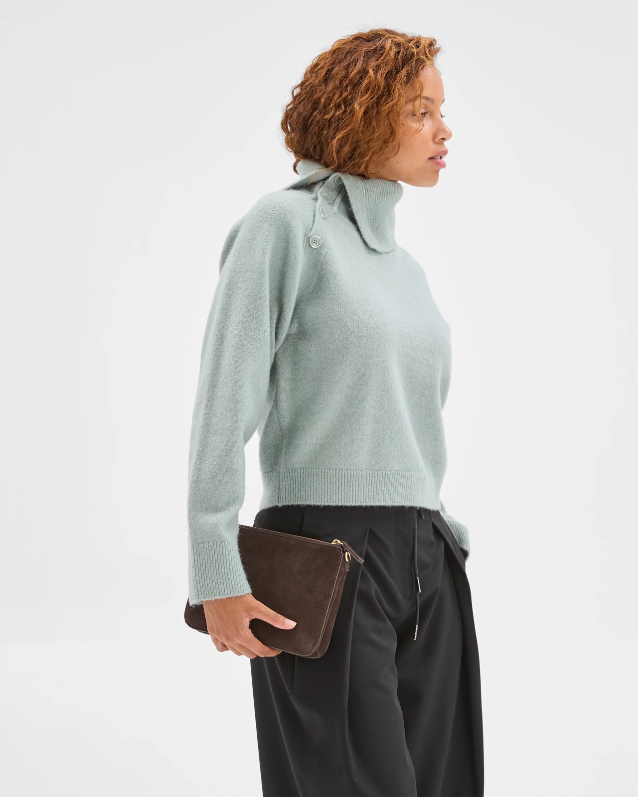 Preview Long Sleeve Asymmetric Fold Over Collar Sweater - Seafoam 2 of 5