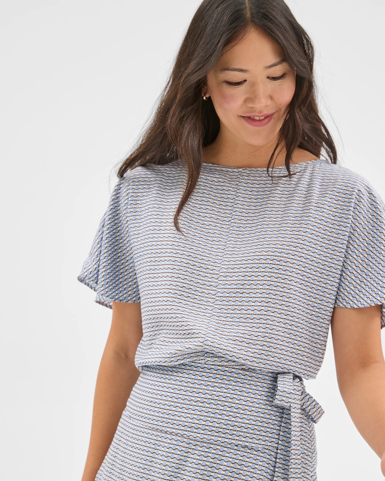 Preview Short Flutter Sleeve Textured Blouse - Blue Mist Micro Geo 2 of 6