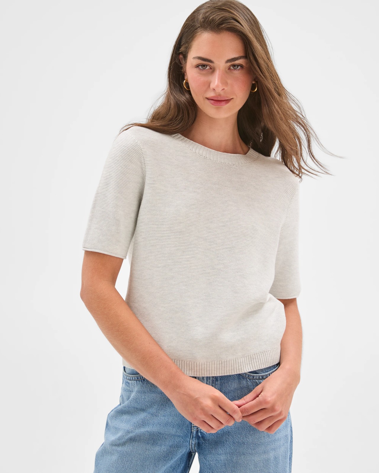 Petites Australian Cotton Blend Ottoman Twist Knit Top - Grey Melange 3 of 6