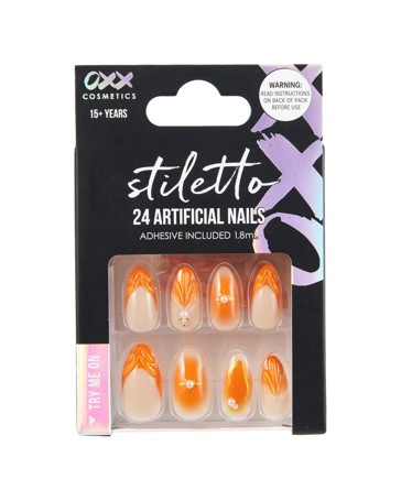 OXX Cosmetics 24 Pack Artificial Nails with Adhesive - Stiletto - Orange