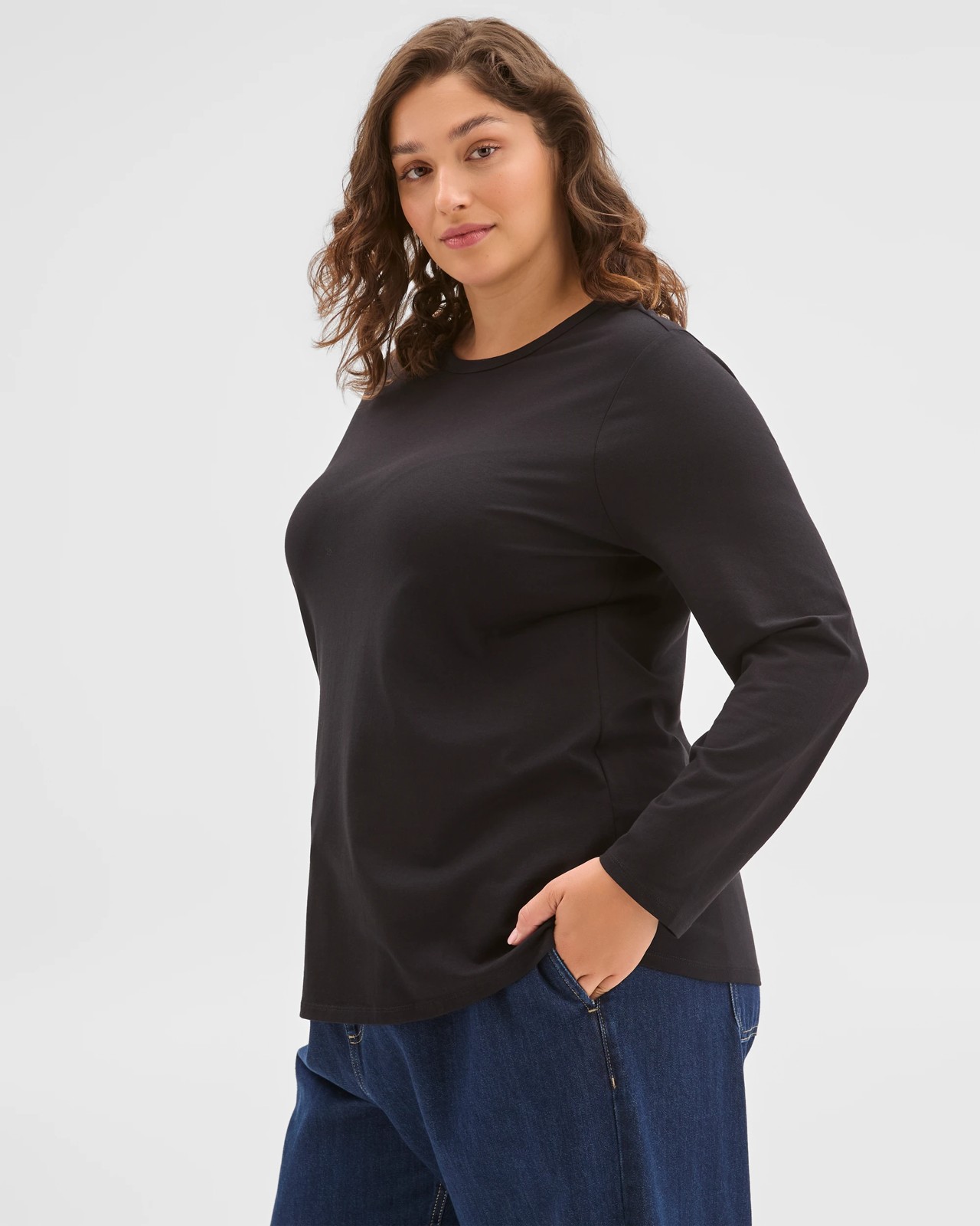 Plus Size Australian Cotton Long Sleeve Crew T-Shirt - Black 3 of 6