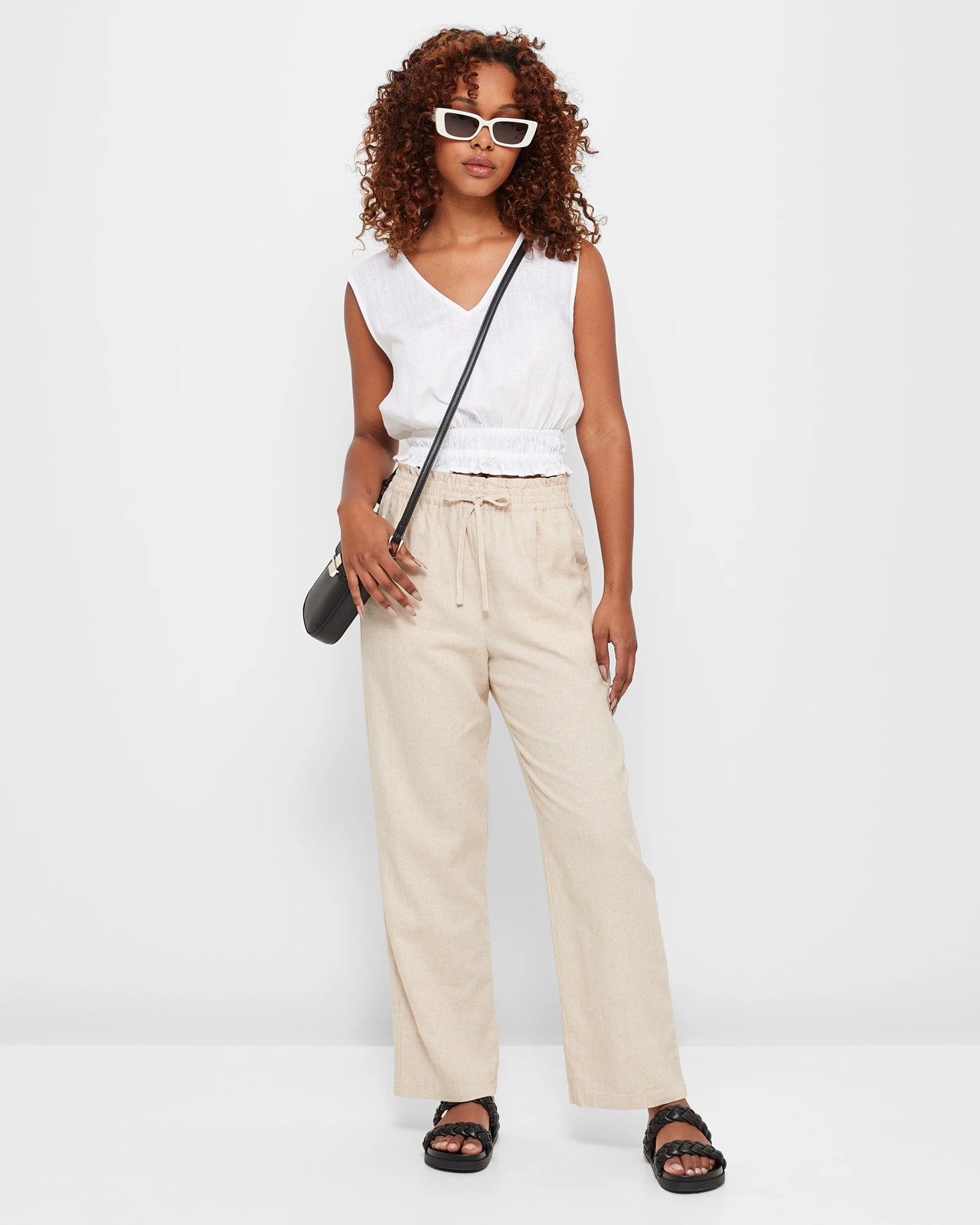 Petites Linen Blend Elastic Waist Pants - Dannii Minogue - Natural