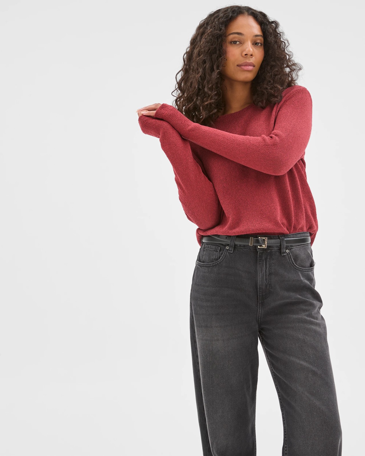 Australian Cotton Blend Long Sleeve Step Hem Textured Knit Top - Brick 2 of 5