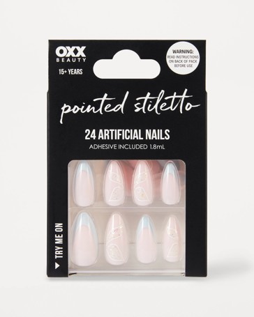OXX Beauty 24 Pack Artificial Nails with Adhesive, Pointed Stilleto Shape - Blue French Tip