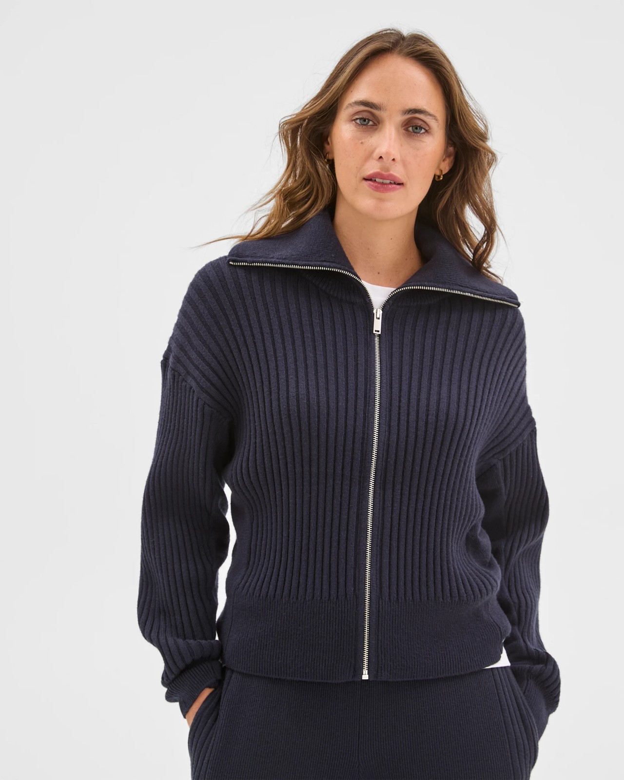 Clean Knit Rib Zip Through Jumper - Navy Marle 2 of 6