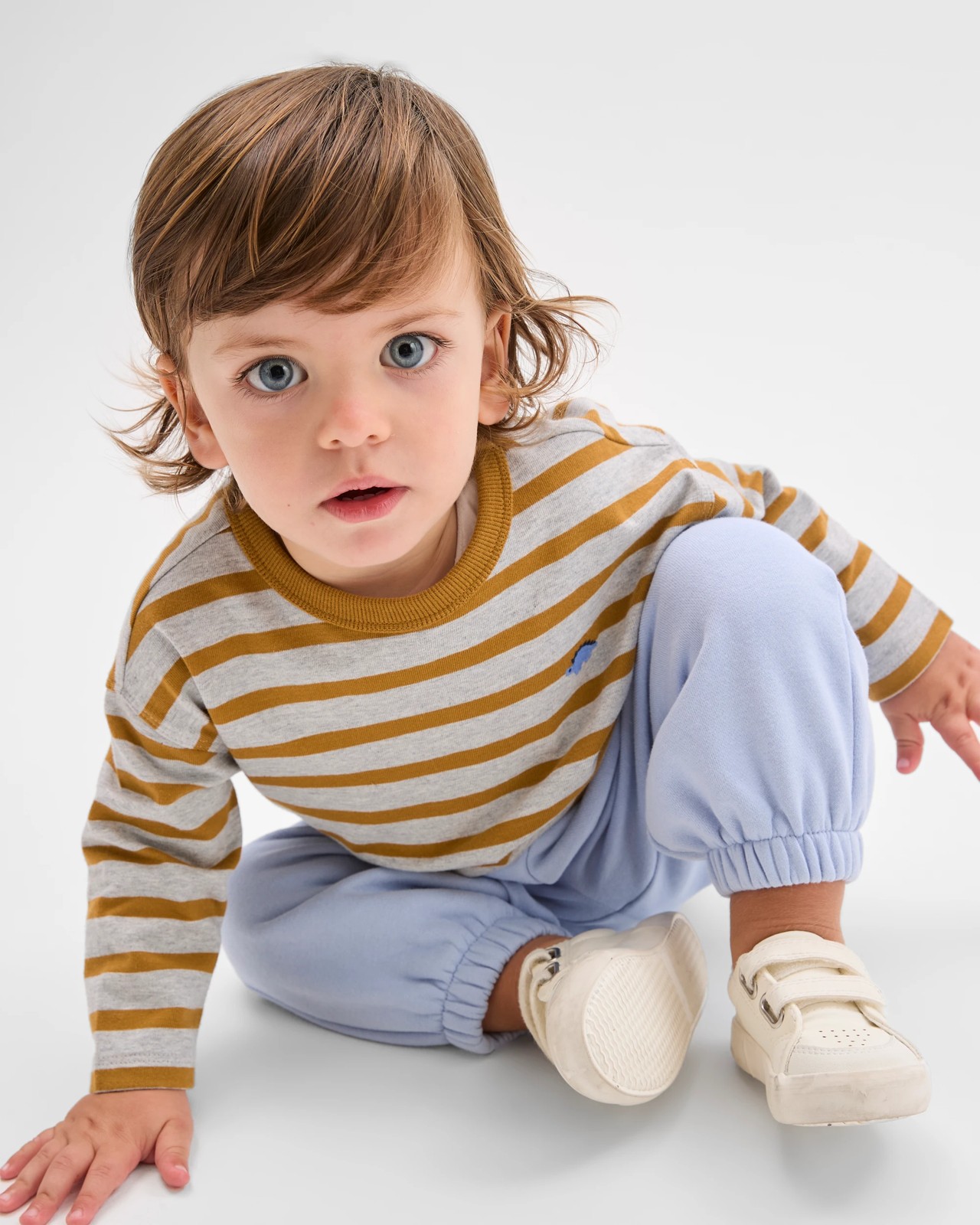 Baby Organic Cotton Long Sleeve Stripe T-Shirt - Brown Stripe/Grey Marle 2 of 5