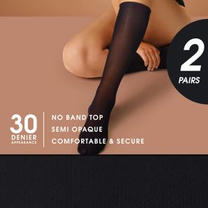 Ambra 2 Pack 30 Denier No Band Knee High Pantyhose - Black