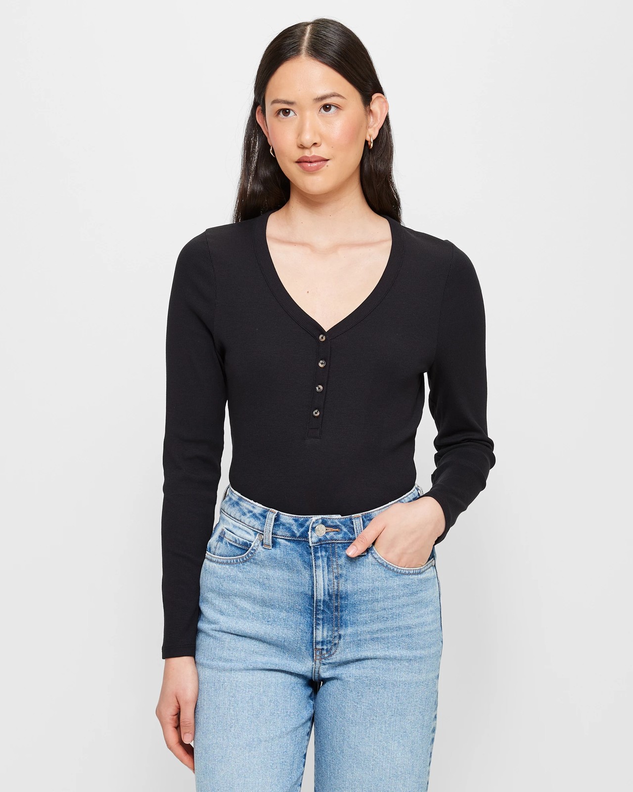 Australian Cotton Long Sleeve Rib Henley T-Shirt - Black | Target Australia