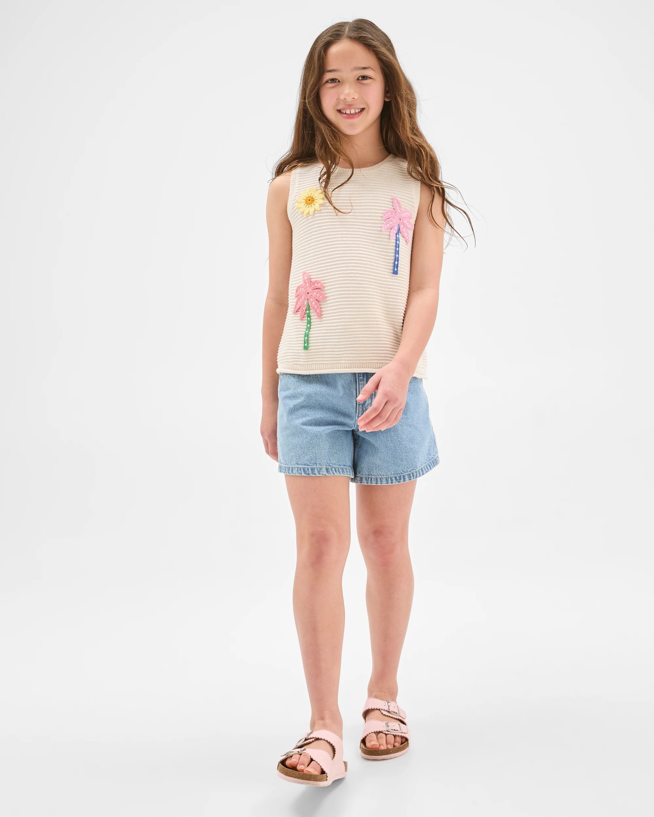 Australian Cotton Crochet Knit Tank Top - Cream Palm 2 of 6