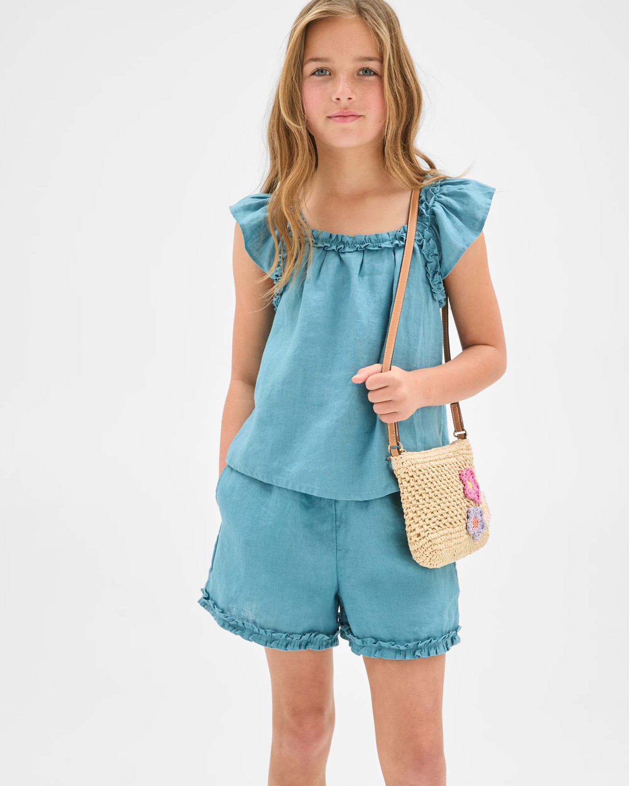 European Linen Frill Shorts - Blue 4 of 5