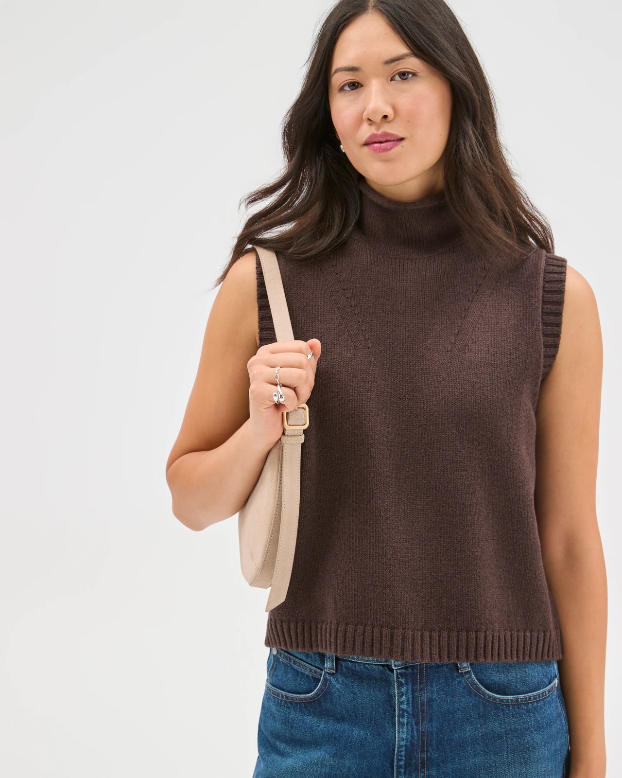 Australian Cotton Blend High Neck Long Sleeveless Vest - Brunette 4 of 6