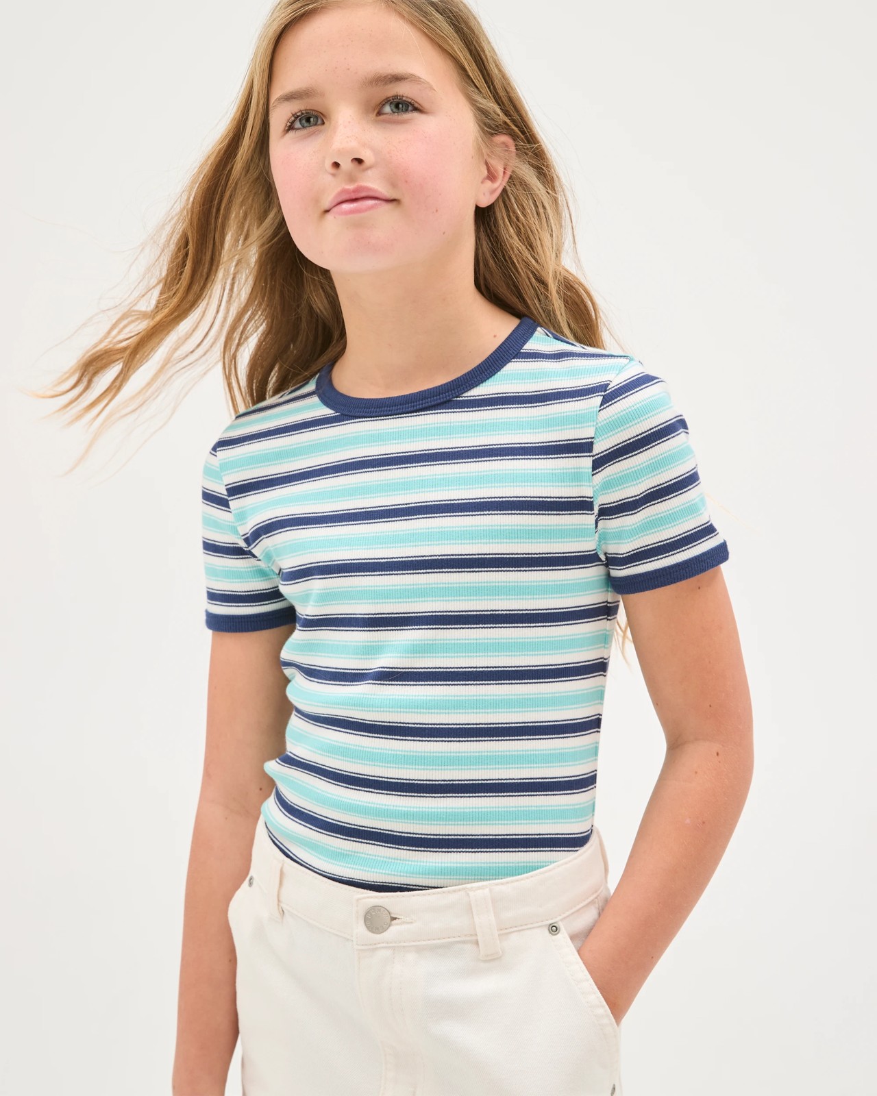 Australian Cotton Ribbed T-Shirt - Stripe Blue 3 of 5