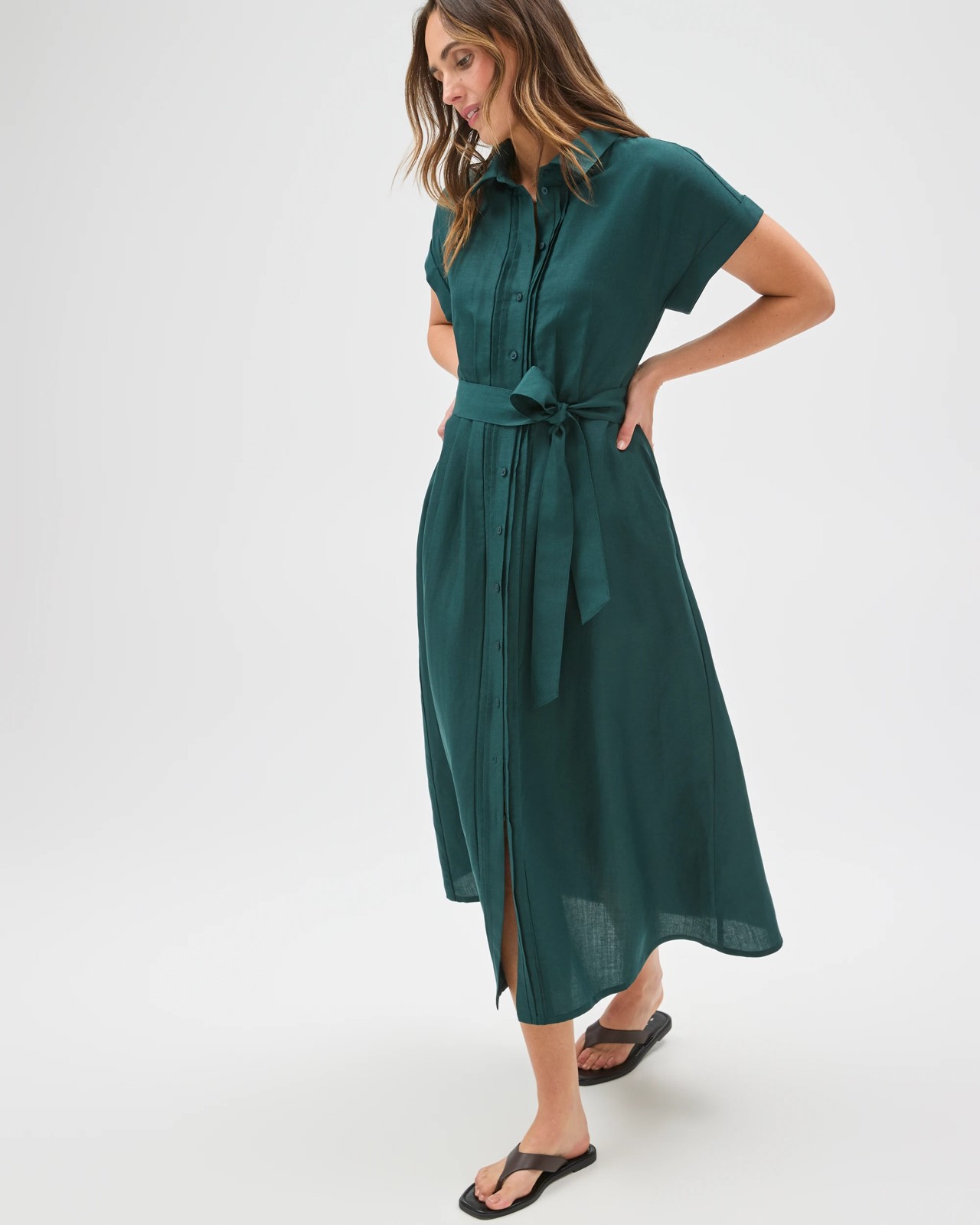 Preview Short Sleeve Pintuck Midi Shirt Dress - Deep Green 3 of 5