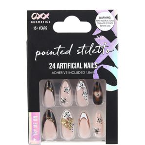OXX Cosmetics 24 Pack Artificial Nails with Adhesive, Pointed Stiletto Shape - Leopard Gold Gems product image
