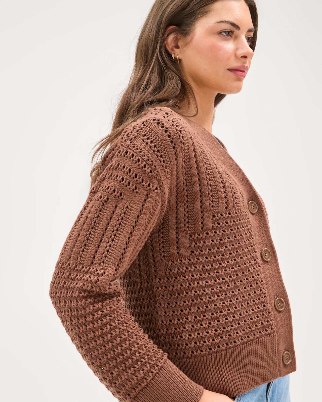 Petites Australian Cotton V-Neck Crochet Knit Cardigan 4 of 5