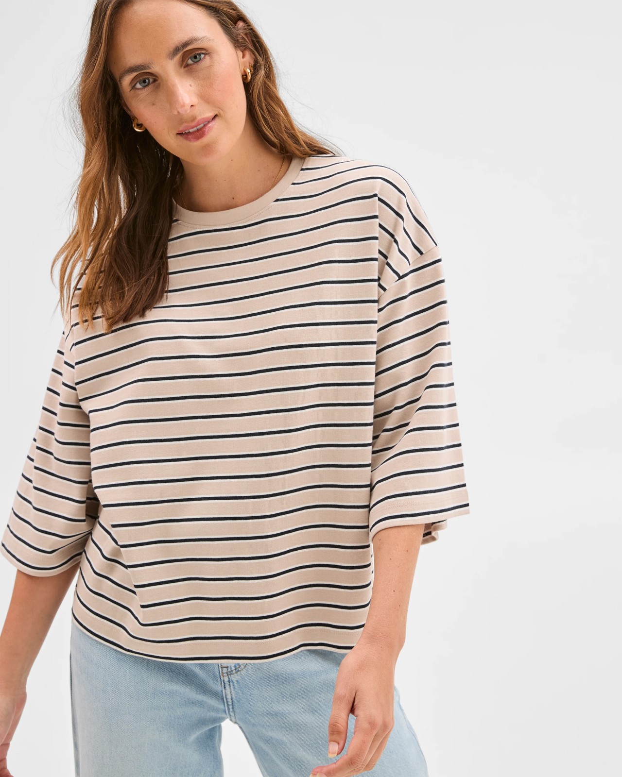 Australian Cotton 3/4 Length Wide Sleeve Boxy T-Shirt - Black/Birch/Cloud Dancer 4 of 5