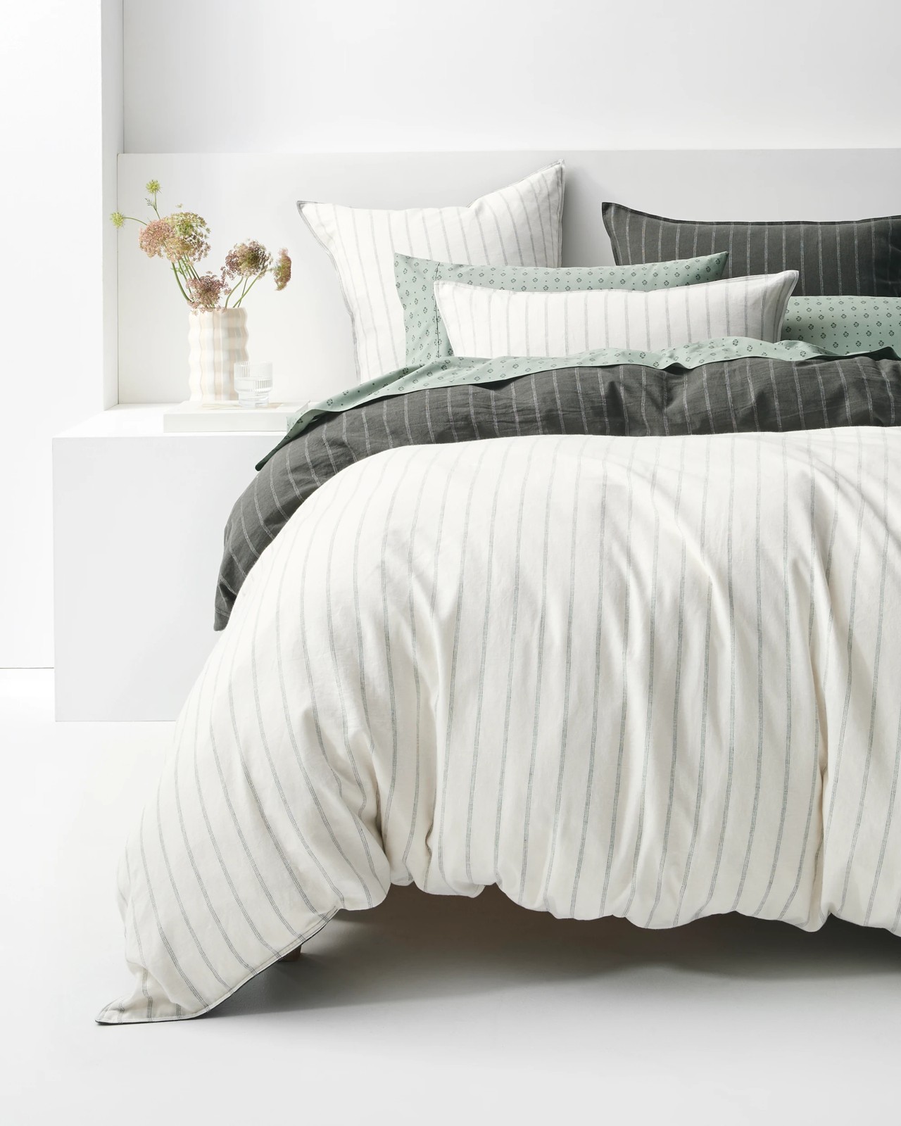 Adelle Stripe Linen/Cotton Quilt Cover Set - Moss 2 of 6