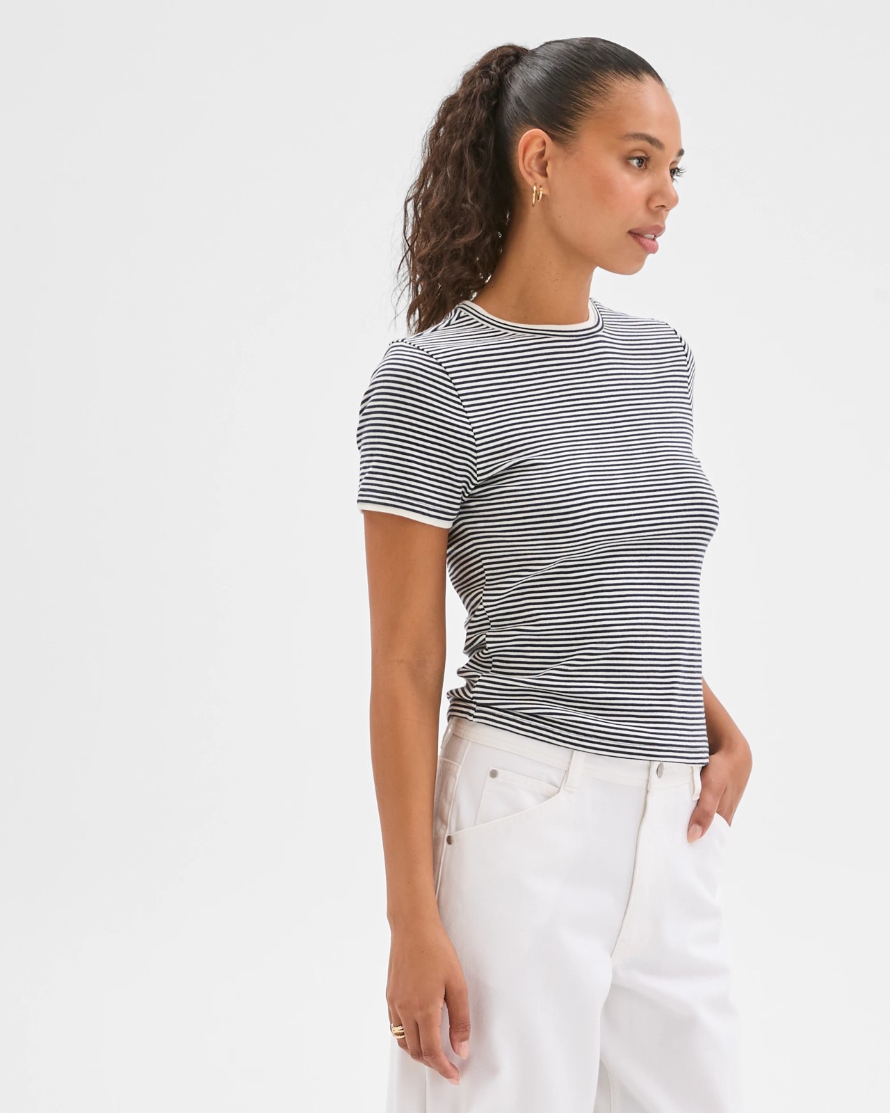 Soft Touch Double Layer Fitted T-Shirt - Ink Navy/Cloud Dancer Stripe 3 of 6