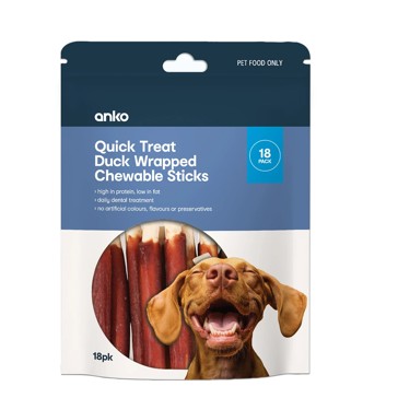 18 Pack Pet Treat Duck Wrapped Rawhide Alternative Sticks - Anko
