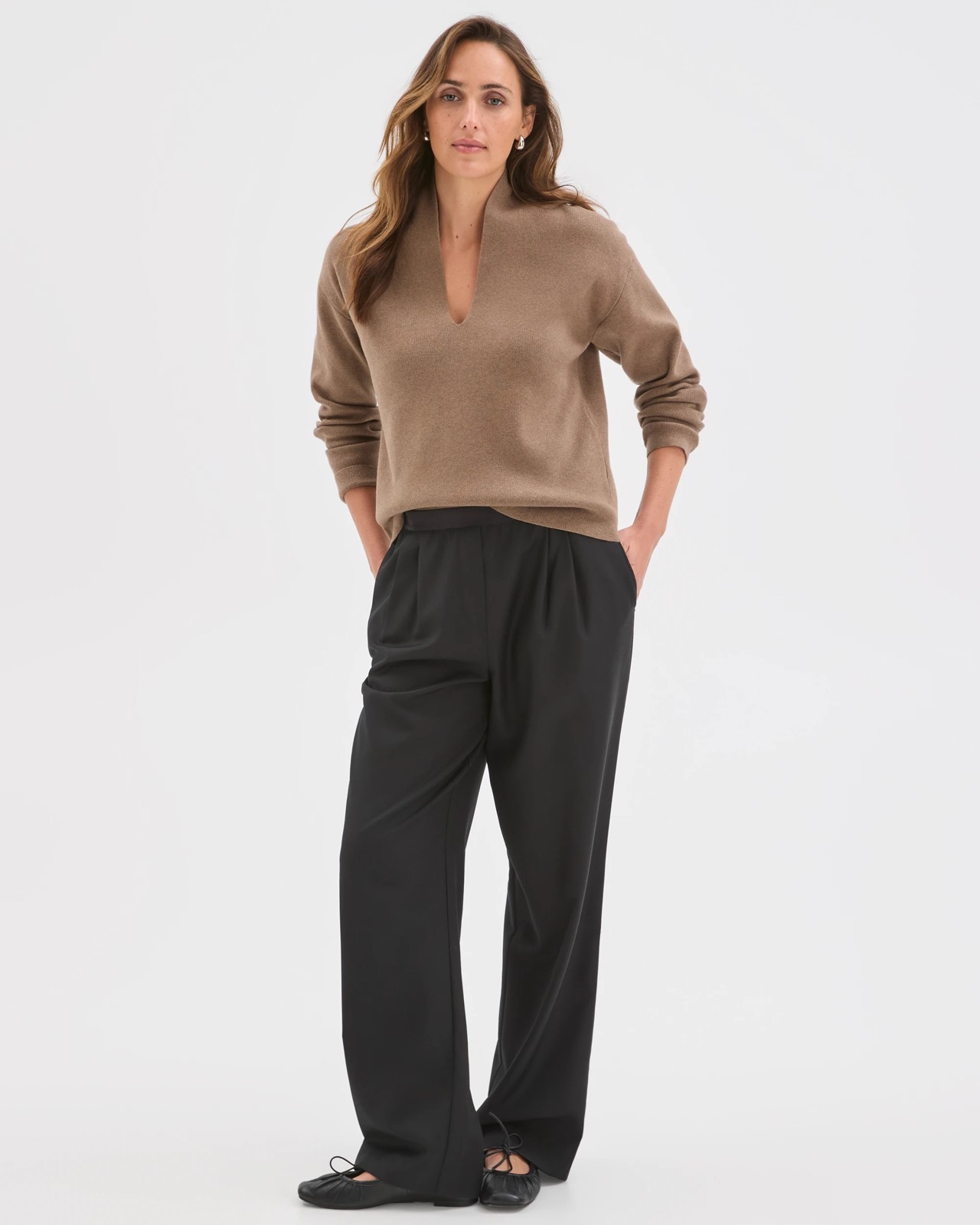 Preview Australian Cotton Blend Long Sleeve Deep V-Neck Jumper - Smoked Taupe Marle 2 of 6