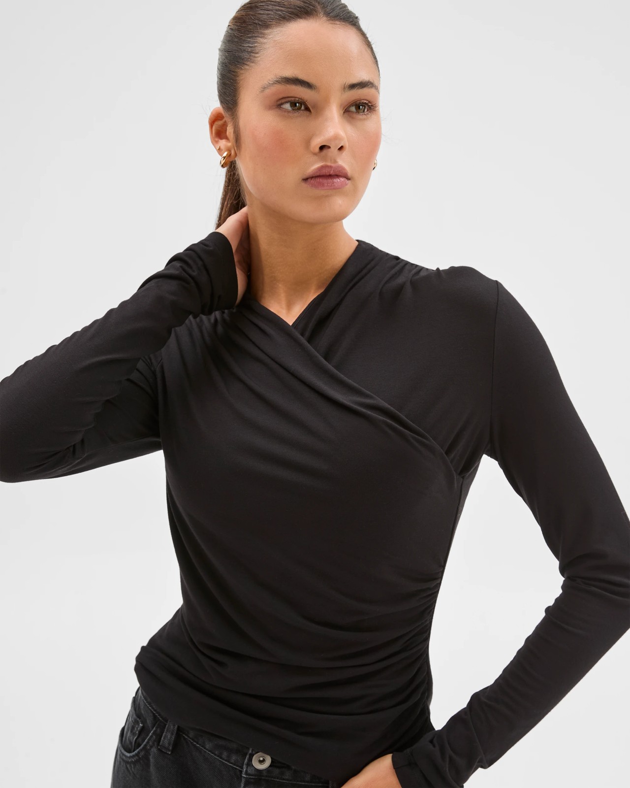 Lily Loves Long Sleeve Crossover Drape Top - Black 4 of 6