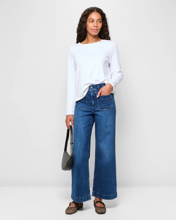 High Rise Full Length Flat Front Wide Leg Denim Jeans - Mila