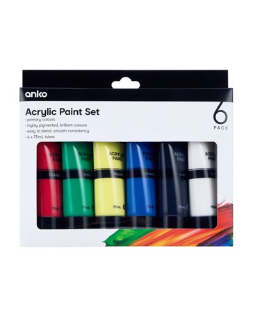 Anko 6 Pack Acrylic Paint Set - Primary