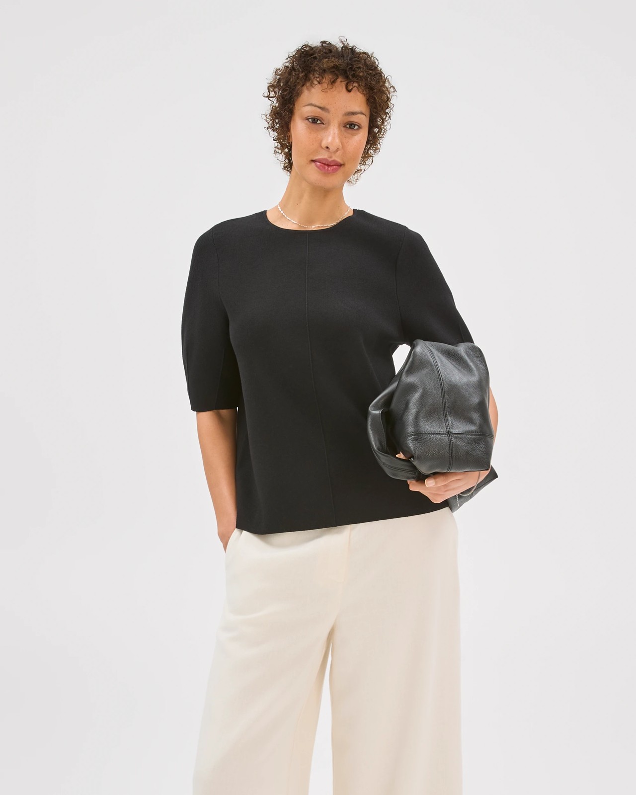 Preview Lantern Short Sleeve Crepe Knit Top - Black 4 of 5