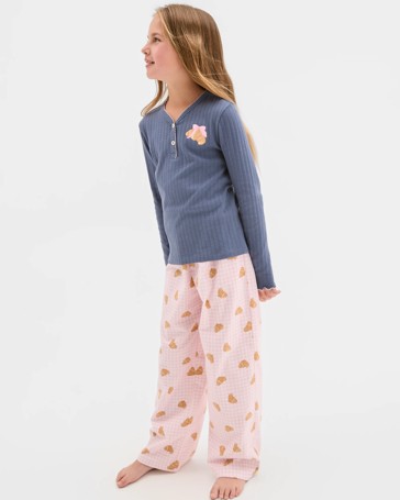 Australian Cotton Older Girls Henley Top and Flannel Pants Pyjama Set