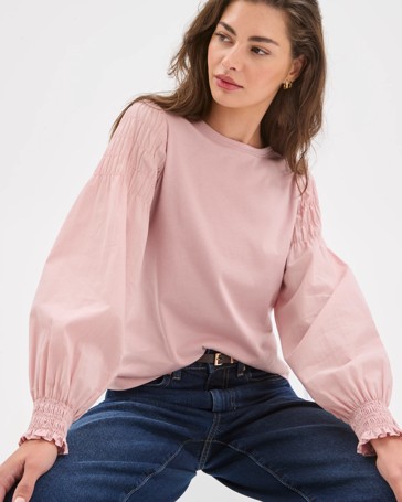 Petites Australian Cotton Long Sleeve Smocked Knit/Woven Top