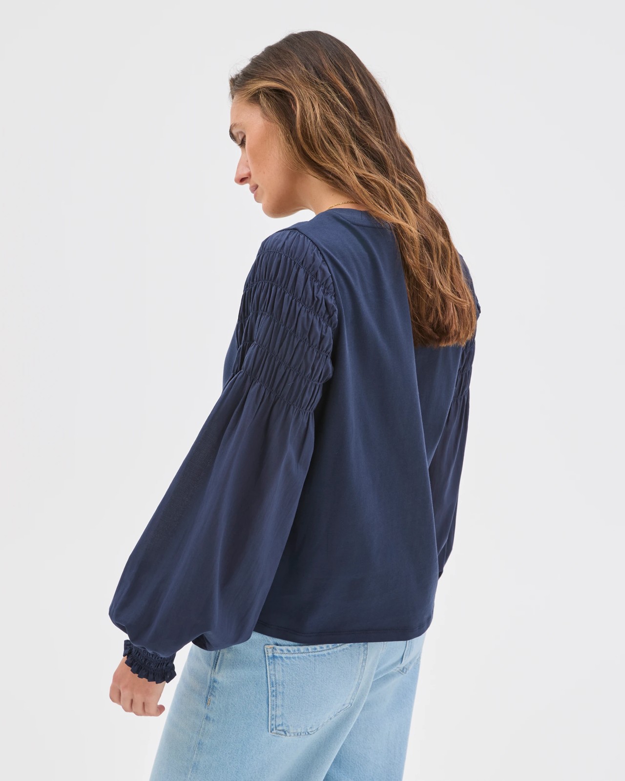 Australian Cotton Long Sleeve Shirred Sleeve Top - Ink Navy 6 of 6