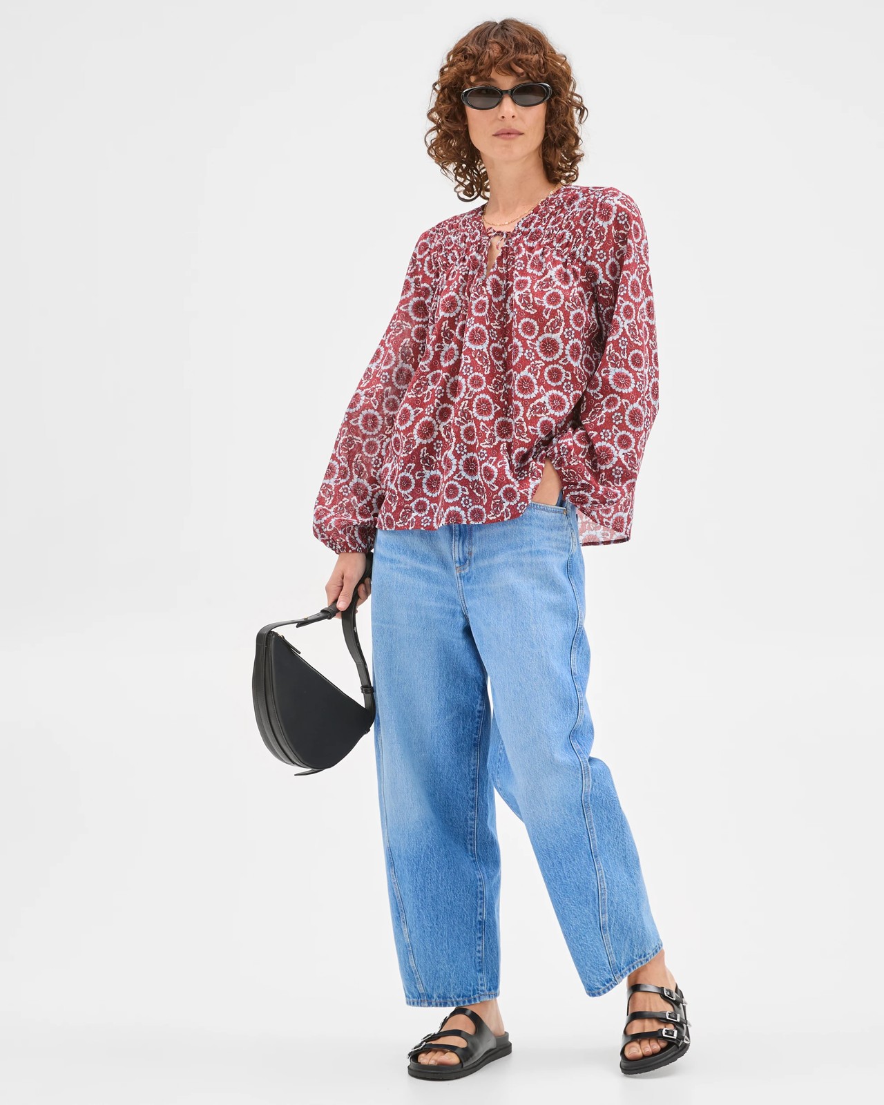 Australian Cotton Long Sleeve Print Gather Detail Blouse - Floral 2 of 5