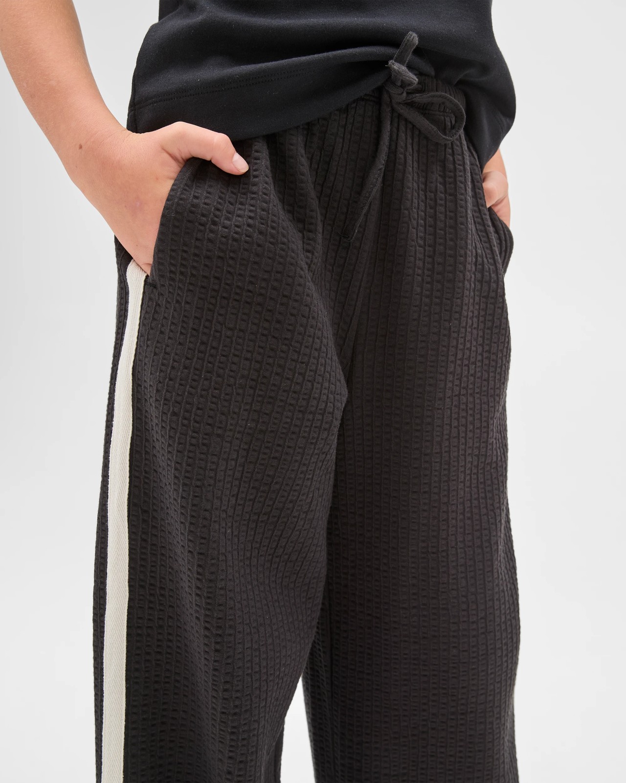 Australian Cotton Blend Textured Side Taped Wide Leg Knit Pants - Black 3 of 6