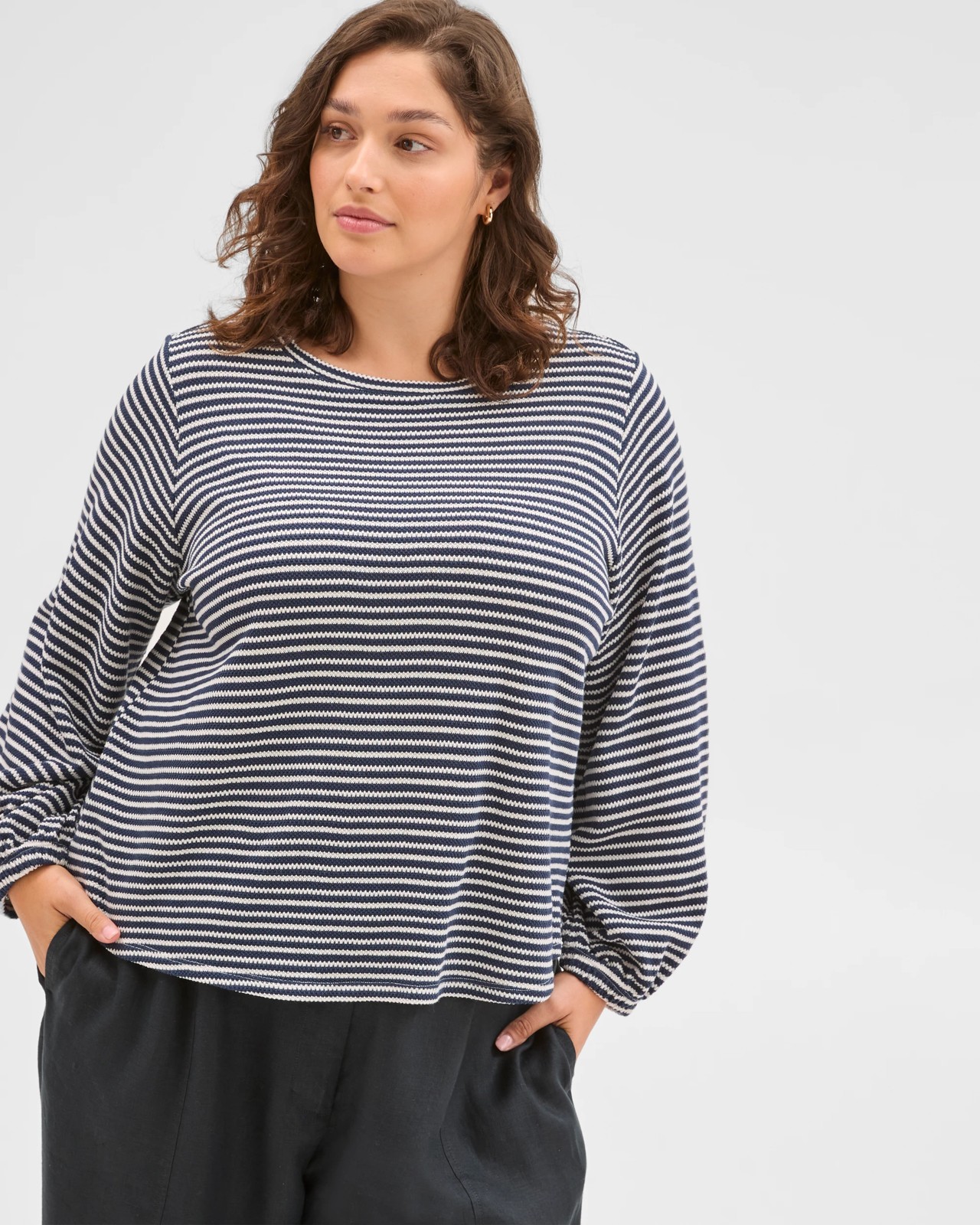Plus Size Australian Cotton Long Sleeve Stripe Textured Top - Navy Blazer/Cloud Dancer 3 of 6