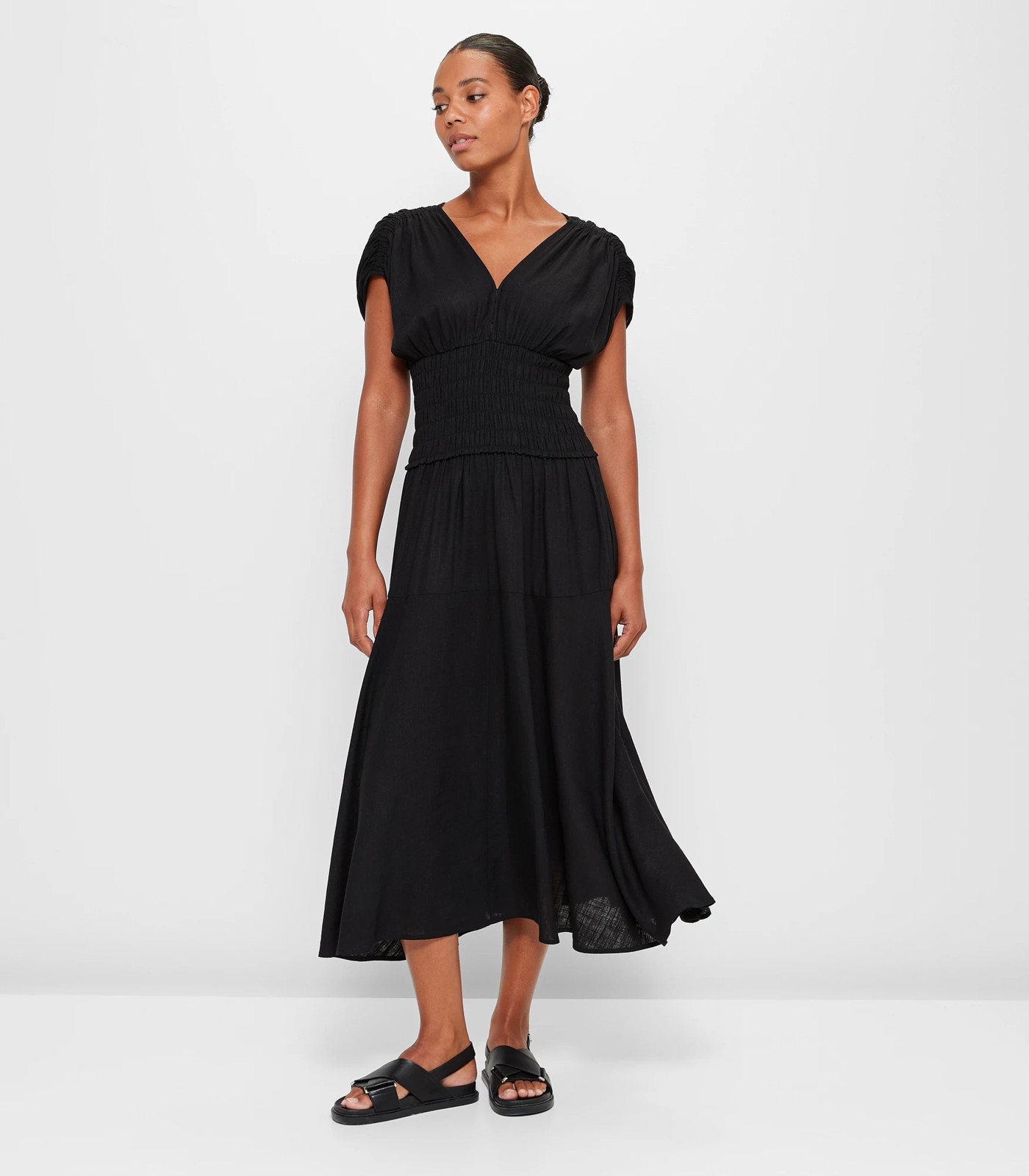 Linen Blend Shirred Waist Midi Dress - Preview