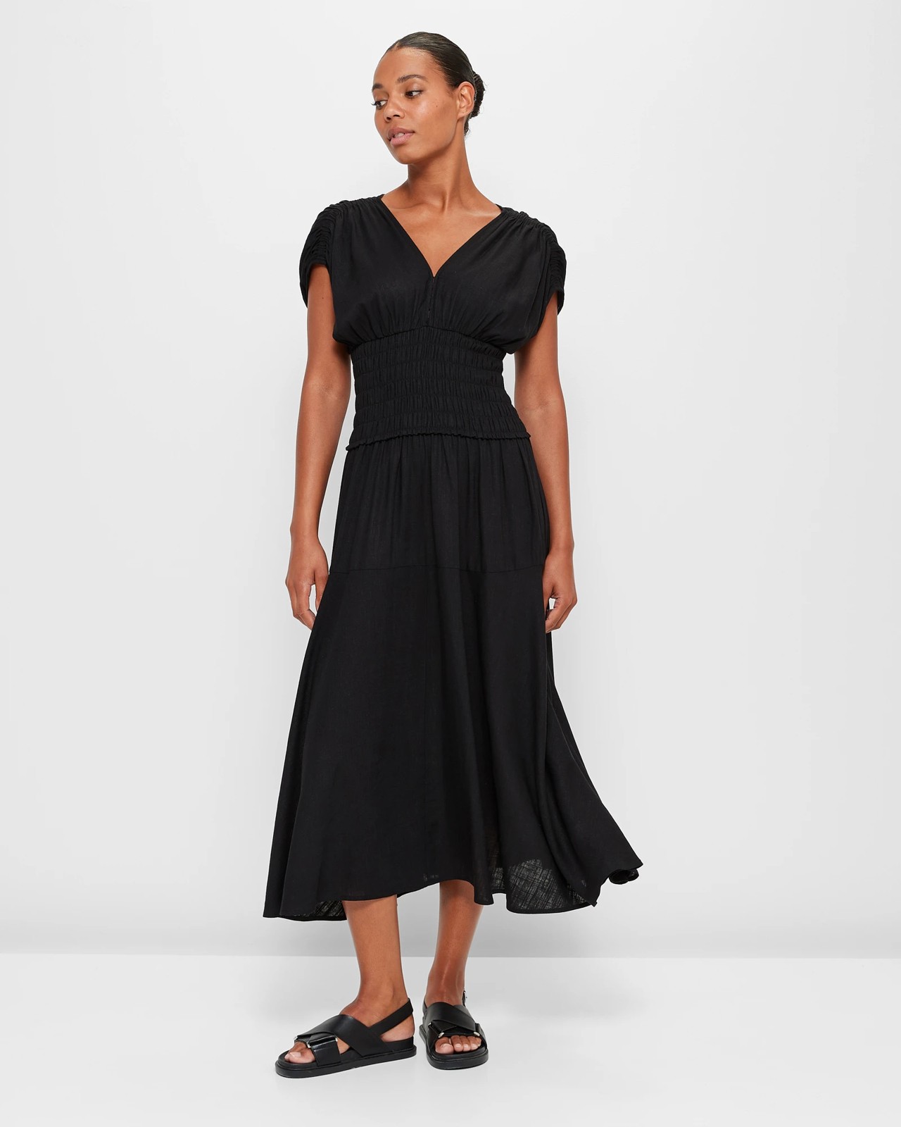 Black Linen Midi Dress with Shirred Bodice - ROVE Australia