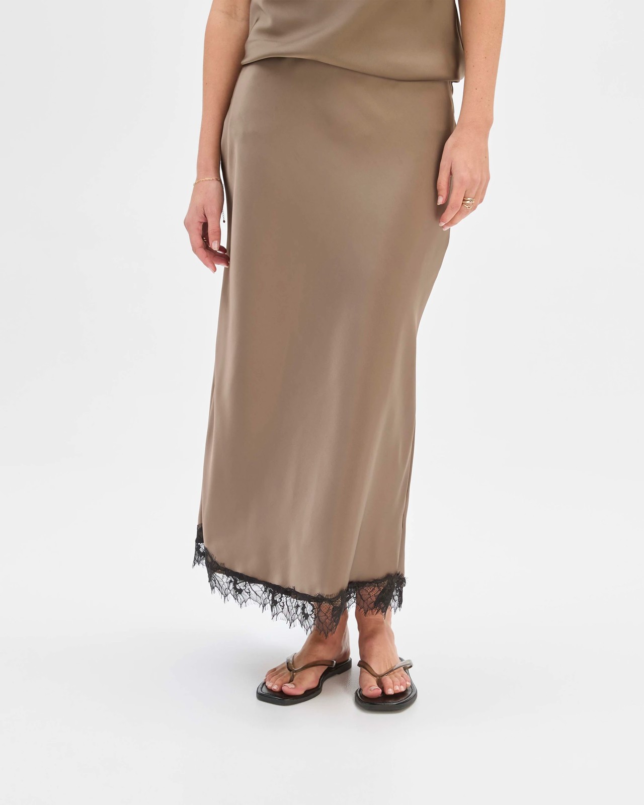 Preview Lace Trim Satin Midi Skirt 4 of 5