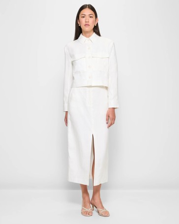 European Linen Tailored Front Split Midi Skirt - Preview
