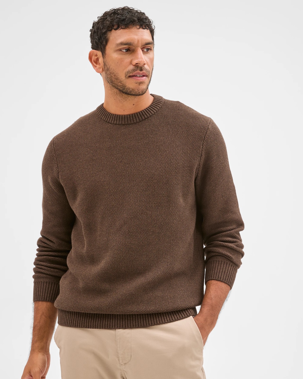 Australian Cotton Midweight Honeycomb Knit Sweater - Chocolate 3 of 6
