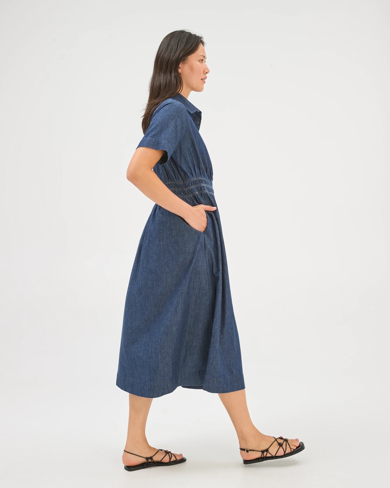 Cotton Shirred Midi Chambray Dress 6 of 6