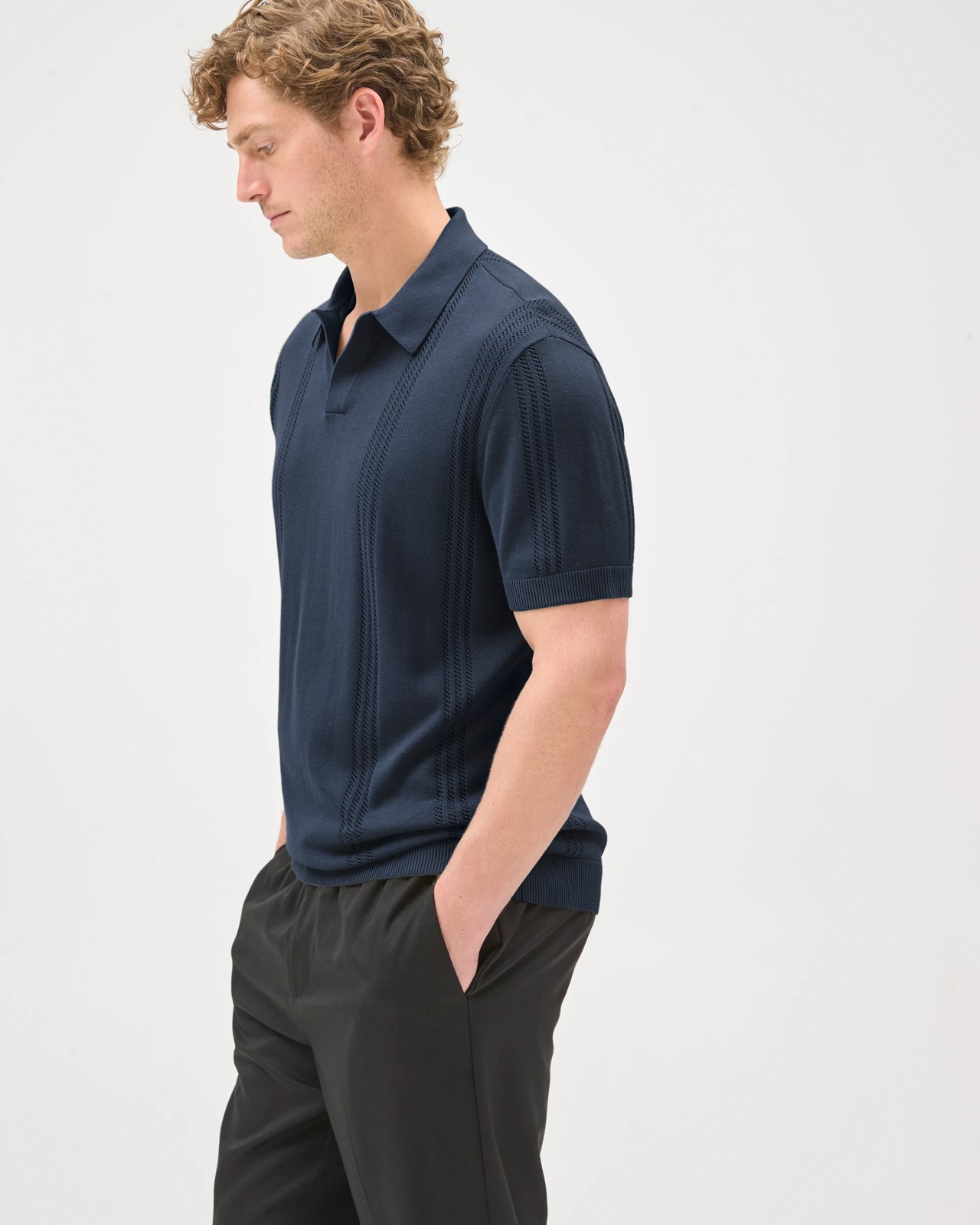 Preview Revere Pointelle Knit Polo Top - Navy 5 of 6