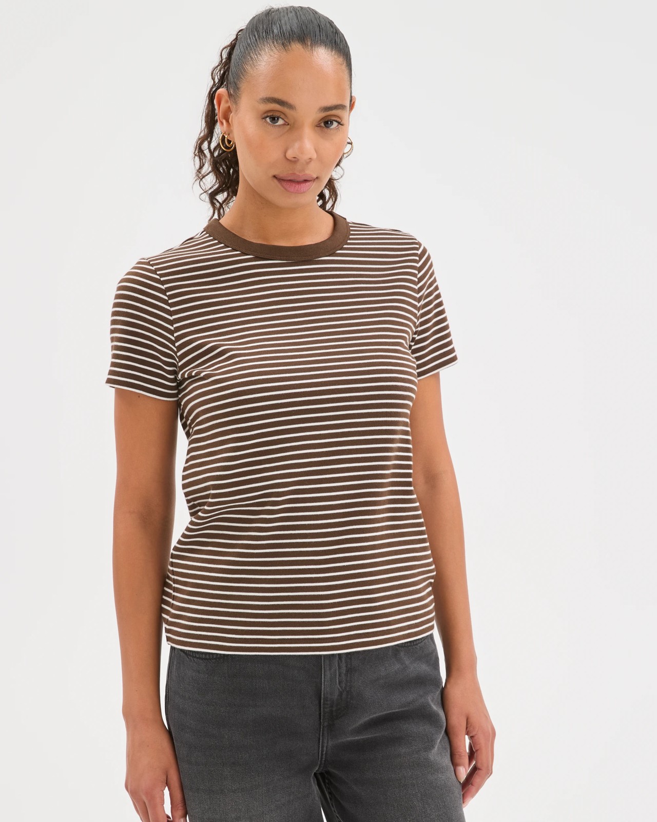 Australian Cotton Interlock Neat T-Shirt - Coffee Bean/Cloud Dancer Stripe 2 of 6