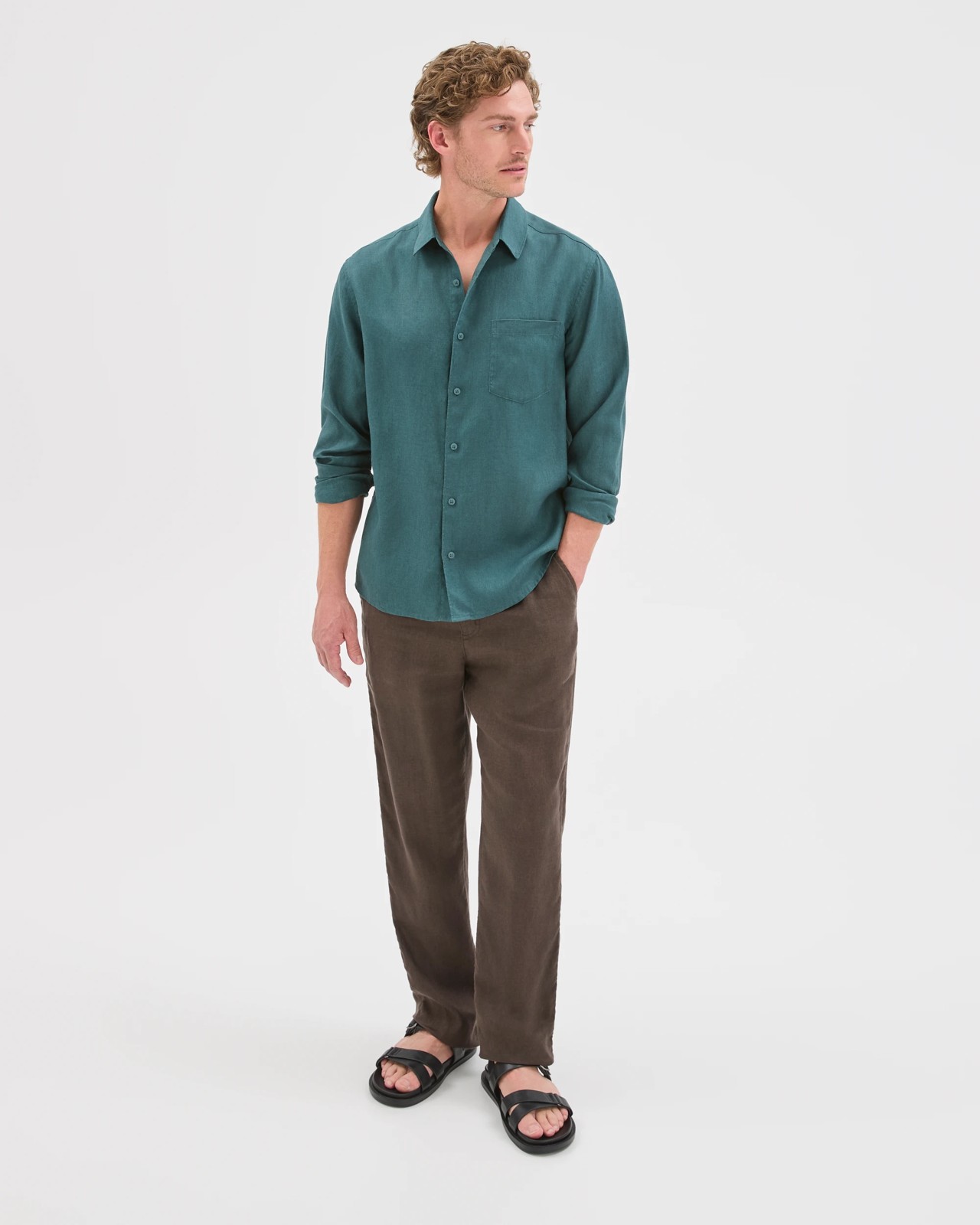 European Linen Long Sleeve Shirt - Hunter Green 2 of 5