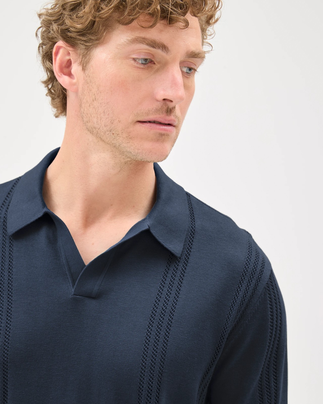 Preview Revere Pointelle Knit Polo Top - Navy 3 of 6