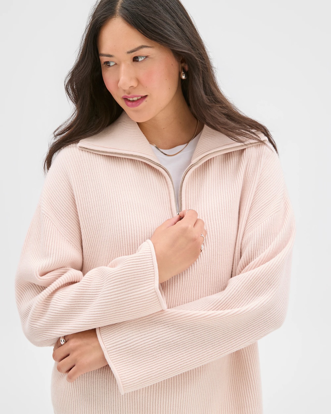 Australian Cotton Blend Zip Collar Sweater - Mauve Pink 5 of 5