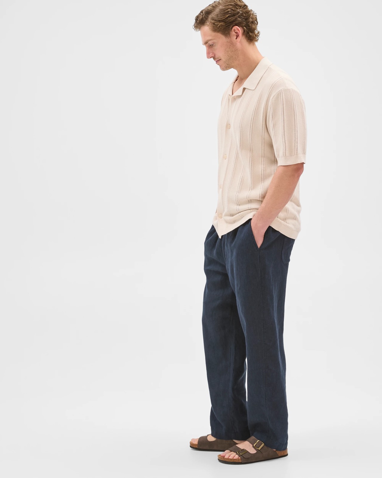 European Linen Wide Leg Pants - Navy 2 of 6