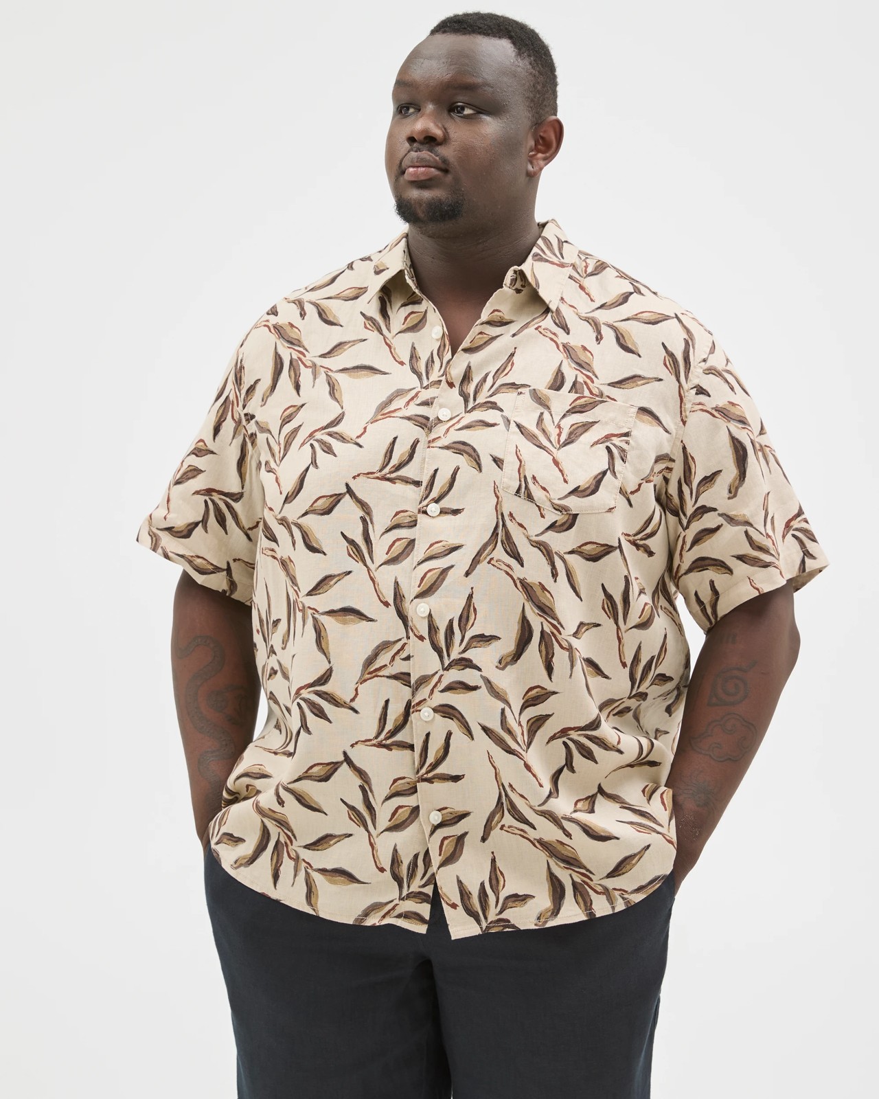 Plus Size European Linen Short Sleeve Print Shirt - Stone 2 of 5