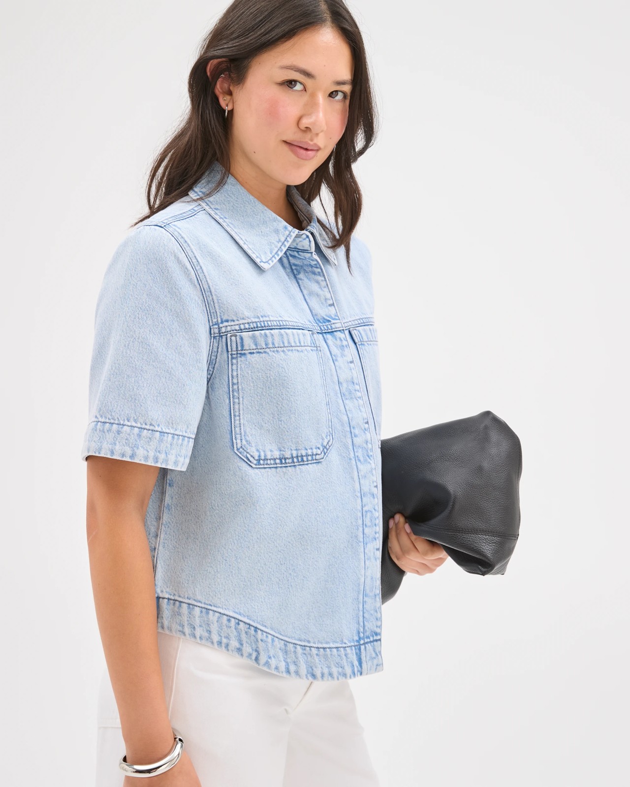 Short Sleeve Concealed Placket Denim Shirt 4 of 5