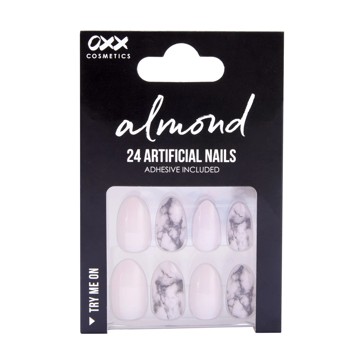 24 Pack Artificial Nails with Adhesive, Almond Shape, Pink Marble - OXX Cosmetics