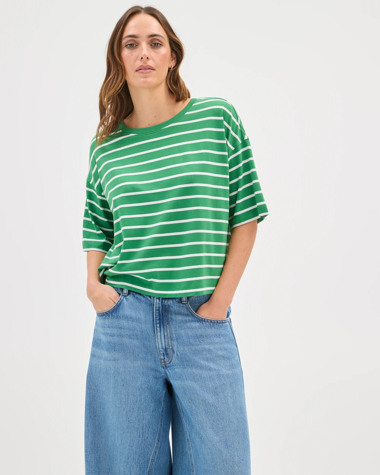 Boxy Crew Neck T-Shirt - Pine/White Stripe 5 of 5